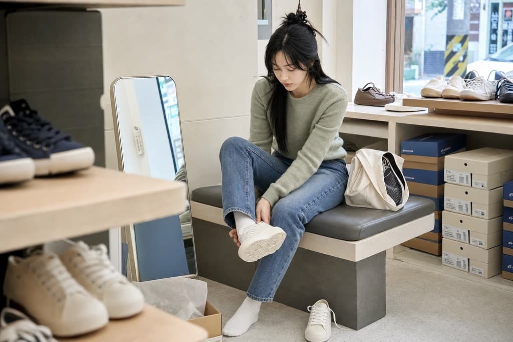 Cha Gyubin trying on a shoe in a shoe shop.
