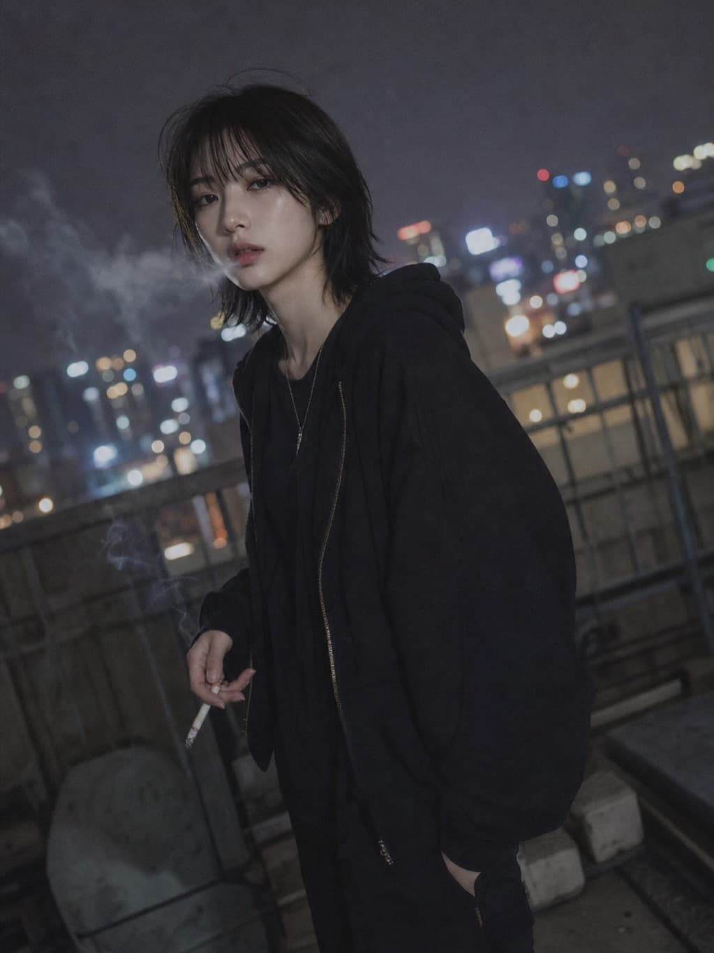 Goh Sunwoo standing on a rooftop at night with a cigarette.