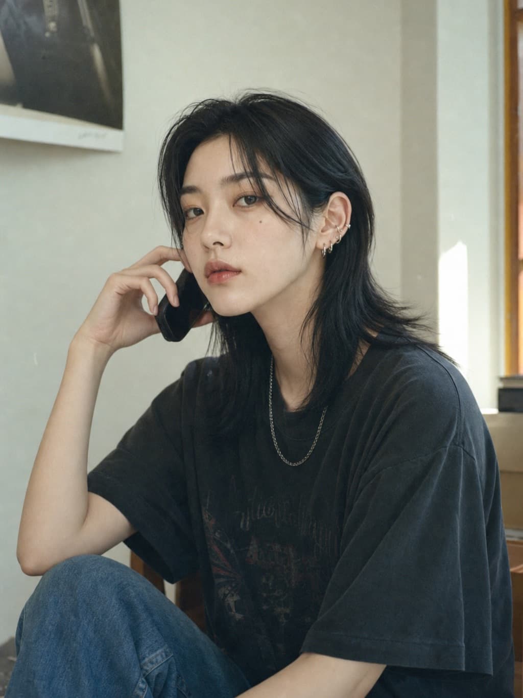 Han Junhee holding a phone in a sunlit room.