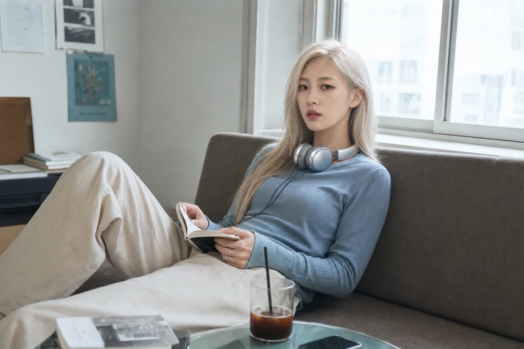Won Jaekyung seated on a sofa with headphones and an open book.